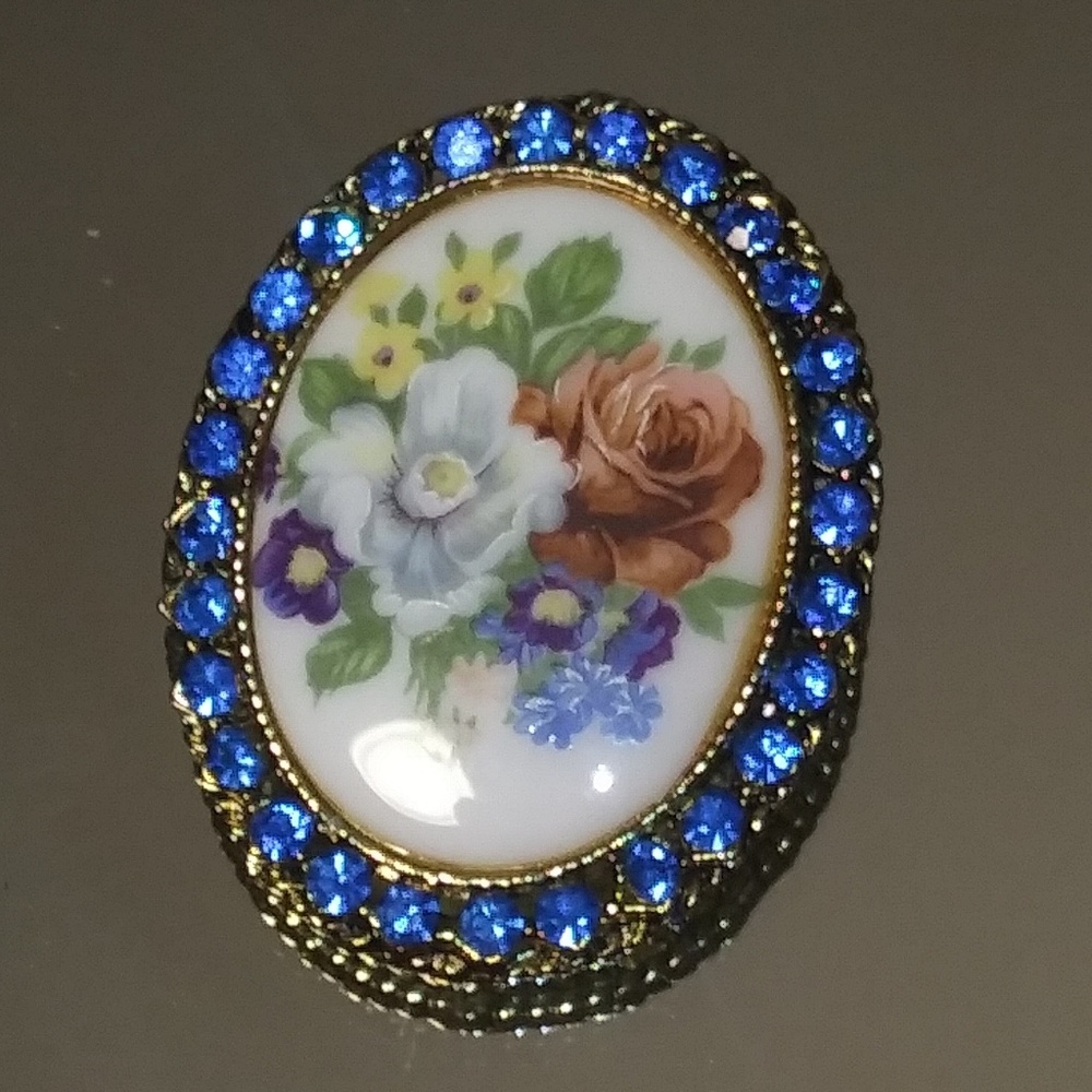 Blue Rhinestone Vintage Flower Brooch